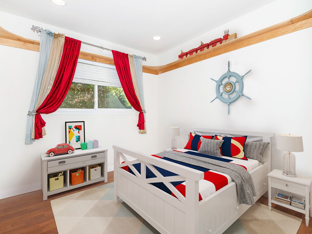 14138 Mango Dr – kids bedroom with red curtains NEW version with train virtually staged